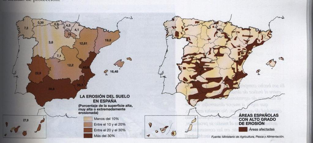 EJERCICIO PAISAJES NATURALES 4 4) El mapa representa la erosión del suelo en España, analízalo y contesta a las siguientes preguntas: a) Las zonas más erosionadas se localizan al sur y al este.