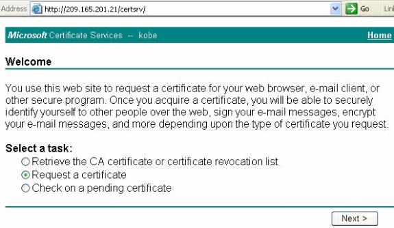 (http://caserveraddress/certsrv/, en este ejemplo). 2. Seleccione la petición un certificado y haga clic después. 3.