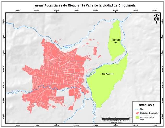 FIGURA 8. Mapa donde se muestra el área con potencial para riego en el Valle de río San José, utilizando las aguas servidas de la Ciudad de Chiquimula. 8.7.
