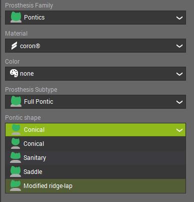 1.9 Nuevas formas de póntico disponibles Tras elegir el Subtipo de Prótesis, el usuario de CARES puede decider entre cuatro tipos diferentes de forma de póntico como se muestra a continuación: Por