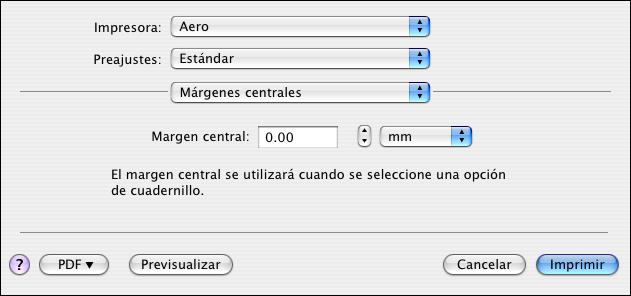 IMPRESIÓN DESDE MAC OS X 22 17 Para especificar un valor de margen (milímetros o pulgadas) en la línea de plegado para la impresión de imposición, seleccione Márgenes centrales en la lista