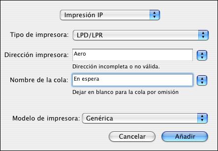 CONFIGURACIÓN DE LA IMPRESIÓN EN MAC OS X 11 En Impresión IP, escriba la dirección IP o el nombre DNS de la impresora en el campo Dirección de la impresora y la conexión de impresión (Impresión, En