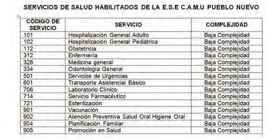 Tabla 28 servicios de Salud Habilitados en la ESE CAMU