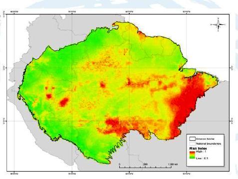 Vulnerabilidad de la cuenca Amazónica Un total de 134 (34.81%) de áreas protegidas tienen un alto riesgo; estas áreas cubren 345000 km2, o 18.