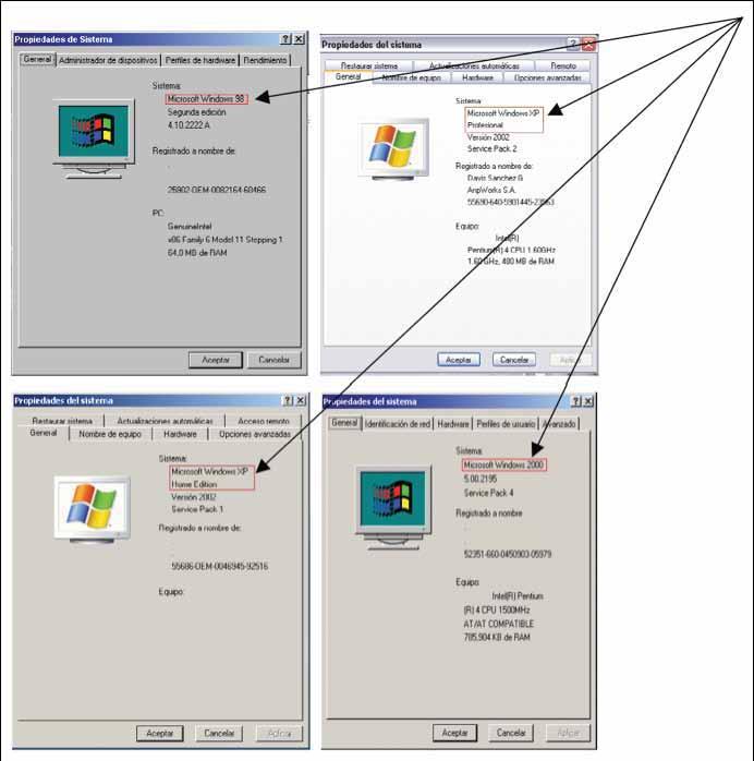 Otros ejemplos de las ventanas donde se despliega el nombre del Sistema Operativo son: Usted debe tener en su equipo alguno de los siguientes Sistemas Operativos