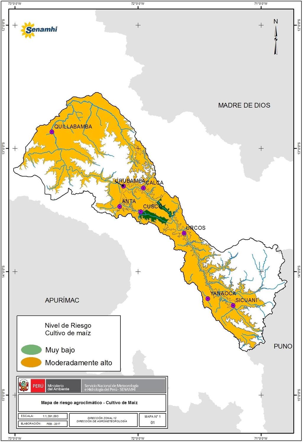 Riesgo Agroclimático para el cultivo de maíz por condiciones de lluvia y temperaturas extremas en la cuenca del río Urubamba, período febrero marzo y abril 2017 Mapa N 1 Nivel de riesgo agroclimático.