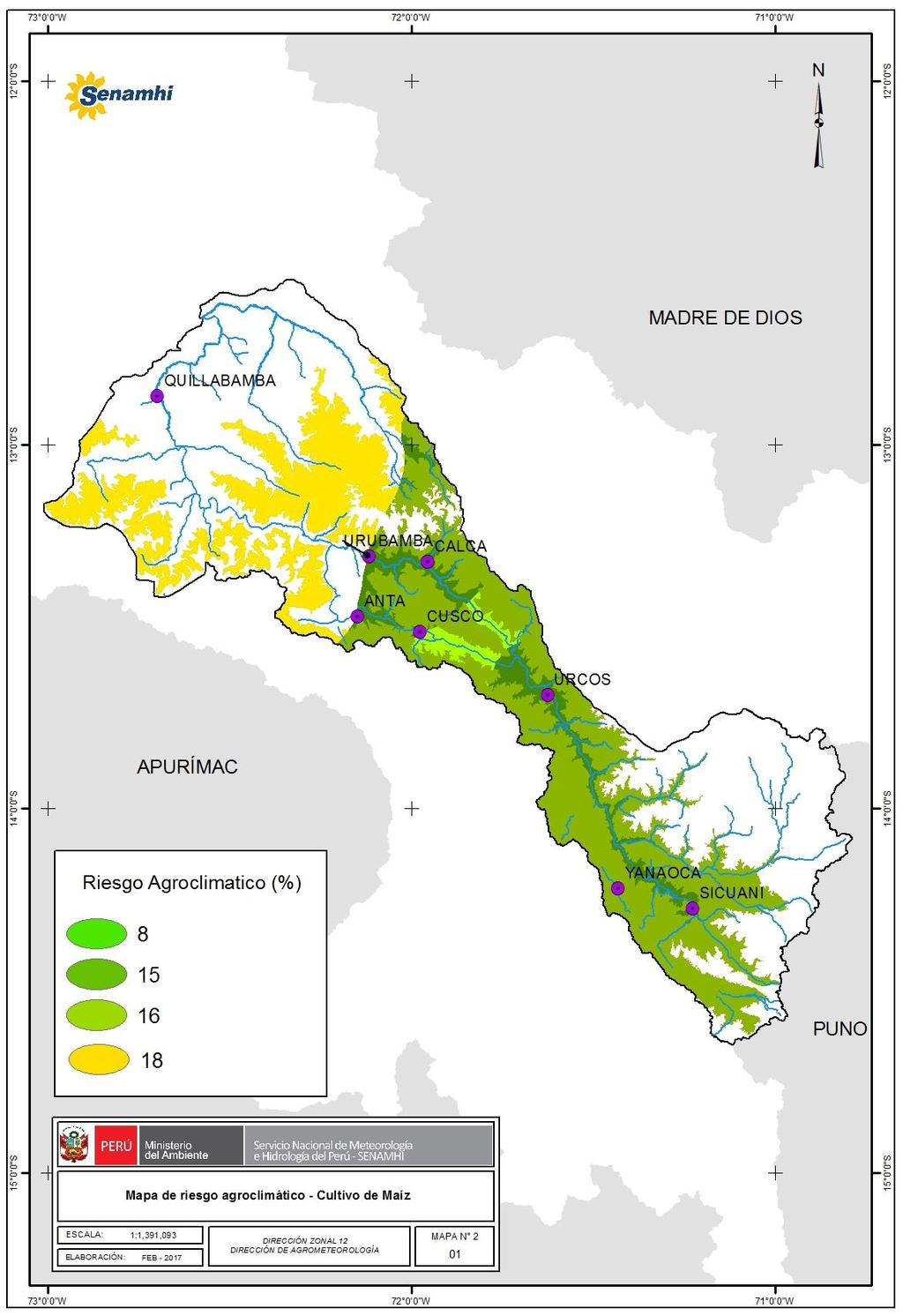 Porcentaje de riesgo agroclimático para el cultivo de maíz por condiciones de lluvia y temperaturas extremas en la cuenca del río Urubamba, período enero marzo 2017. Mapa N 2 Porcentaje de riesgo.