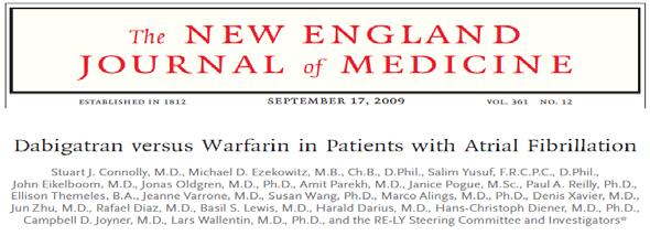 000 Objetivo principal: Determinar la no inferioridad de dabigatrán vs warfarina Seguimiento mínimo de 1 año (media de 2 años)
