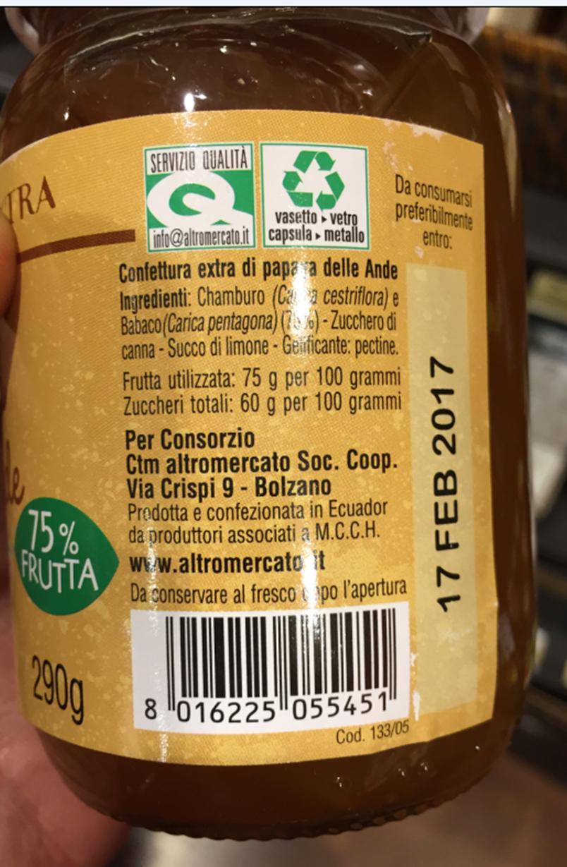 Etiquetado En la imagen se detalla la descripción de una etiqueta posterior de una mermelada de frutas exóticas de la organización Altromercato.
