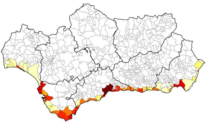 zona alejada entre cinco y diez km de la costa (4,5%). En los siguientes mapas se puede visualizar la superficie alterada en el litoral andaluz en los años 1957,1999 y 2007.