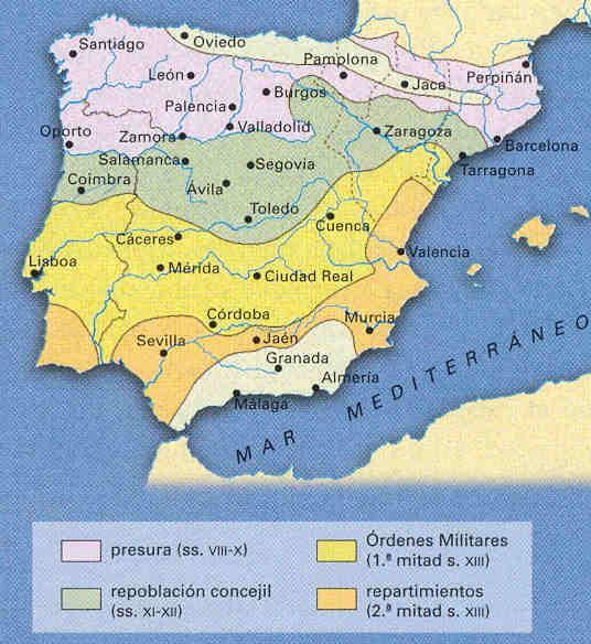 Repoblación por repartimientos: En Extremadura, valle del Guadalquivir y fachada levantina (Valencia, Murcia, Mallorca) Se desarrolló a partir de la victoria en las Navas de Tolosa (1212) y se