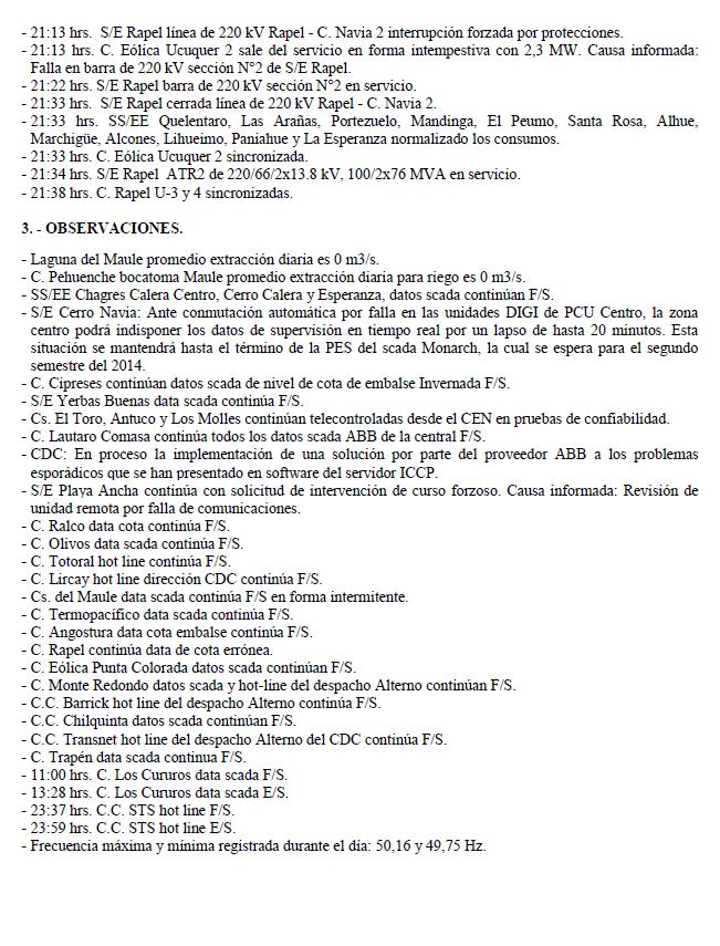 INFORME DE FALLA REQUERIMIENTO NORMA TÉCNICA DE SyCS FECHA DE FALLA: INFORME CDEC Nº: IF02211/2014 23 de Noviembre