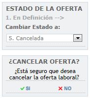 En este recuadro el usuario escoge la opción cancelada, la cual despliega otro recuadro solicitando la confirmación del usuario, con las opciones Si o No, en donde, se selecciona la opción Sí.