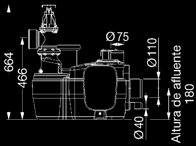 Tobera de conexión para afluente Ø 1 (altura de afluente 18 mm) y para ventilación Ø 7, tobera de conexión para bomba de membrana manual Ø 4.