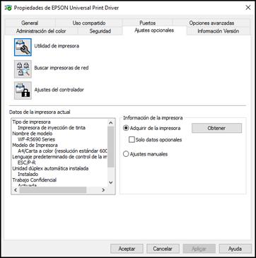 Windows 7: Haga clic en y seleccione Dispositivos e impresoras. Haga clic con el botón derecho del mouse en el nombre del producto y seleccione Propiedades de impresora.