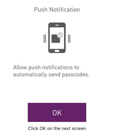 Paso 7: Confirmar las notificaciones push a. En el mensaje Push Notification (Notificación push), toque el botón OK (Aceptar). b. En la siguiente pantalla, toque el botón Allow (Permitir).