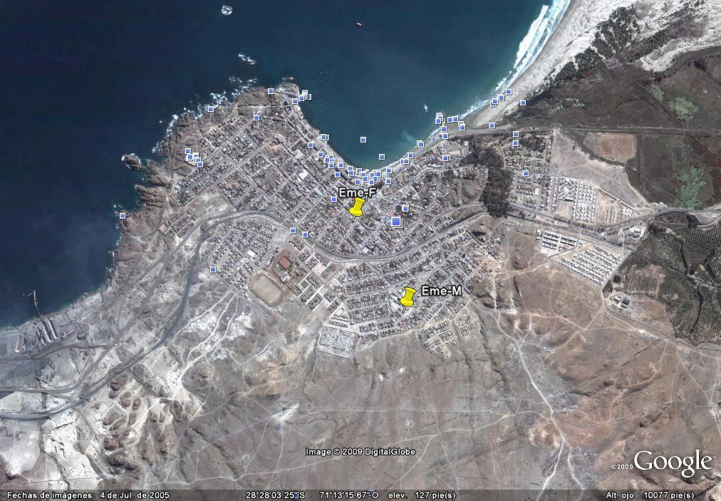 Imagen 1 Distribución geográfica de la estaciones de monitoreo de MP10, con una vista de la península de Guacolda