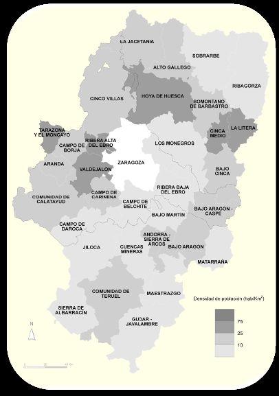 Densidad de población Provincia: 55,3 hab/km 2 Zaragoza capital: 626,6 hab/km 2 Cuarto Espacio: 17,8 hab/km 2 4 comarcas de la provincia se consideran desierto demográfico.