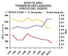 Gráfico 7 Para el período 1998-2002, con escasa variación en la cantidad de terneros declarados, la principal causa que explica la tendencia negativa del precio del ternero, es la caída del precio de