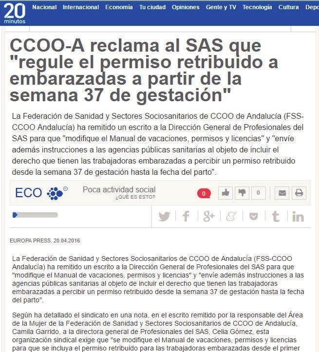 20/04/2016 CCOO-A reclama al SAS que "regule el permiso retribuido