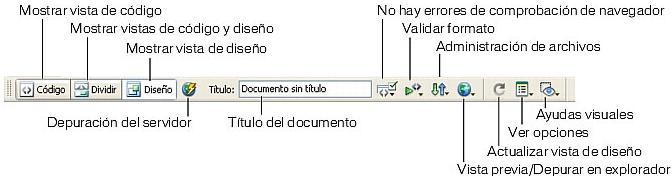 En la barra de herramientas de Documento, aparecen las siguientes opciones: Mostrar vista de código sólo muestra la vista Código en la ventana de documento.