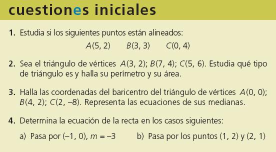 Unidad 7 Geometría analítica en el plano PÁGINA 153 SOLUCIONES 1. La ecuación de la recta que pasa por A y B es: x+ y 9=. El punto C no pertenece a la recta pues no verifica la ecuación.