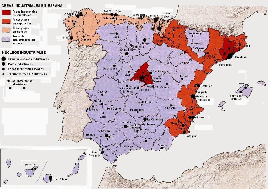 PRÁCTICA 3 En el mapa adjunto están representadas las áreas industriales de España. Usando como referencia dicho mapa conteste a las preguntas siguientes: 1.