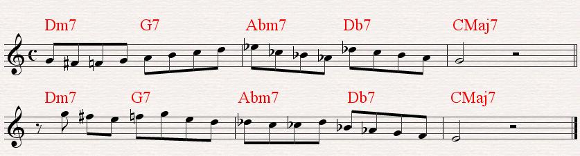 Veamos en la Figura 6 varios ejemplos de frase musical construida a partir del esquema armónico anterior.