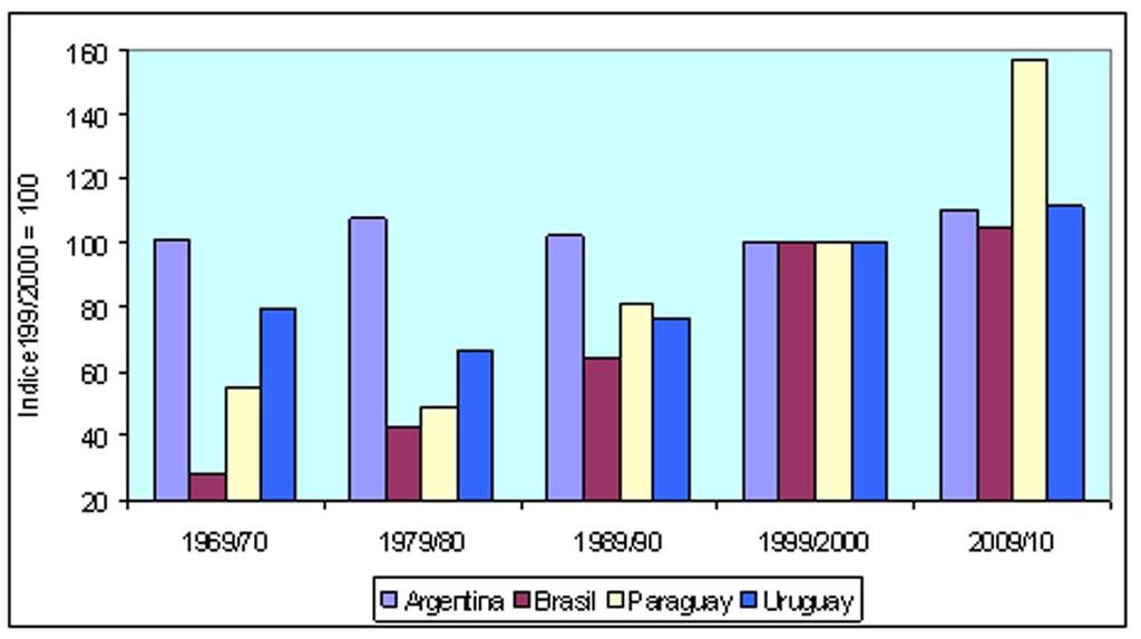 tenido virtualmente estancada en Argentina, ha crecido con fuerza en Brasil y Paraguay, y ha sido moderada en Uruguay (Figura 4). Figura 4.