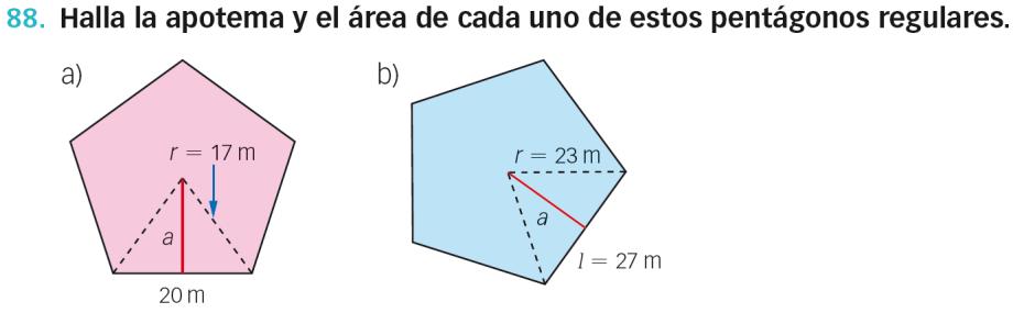En el hexágono regular el lado es igual al radio, por tanto la apotema es: Y el área es:. Si el perímetro del hexágono regular es 72 cm, el lado es 72 : 6 2 cm.