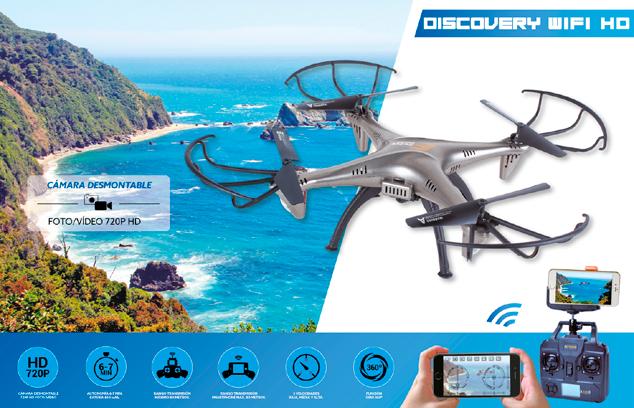 DRONE DISCOVERY WIFI HD DR-DV600 Cuadricóptero dirigido por control remoto o smartphone. Cámara desmontable HD 720. Video en tiempo real mediante Wi-Fi. Batería 650 mah. Autonomía de 6-7 min.