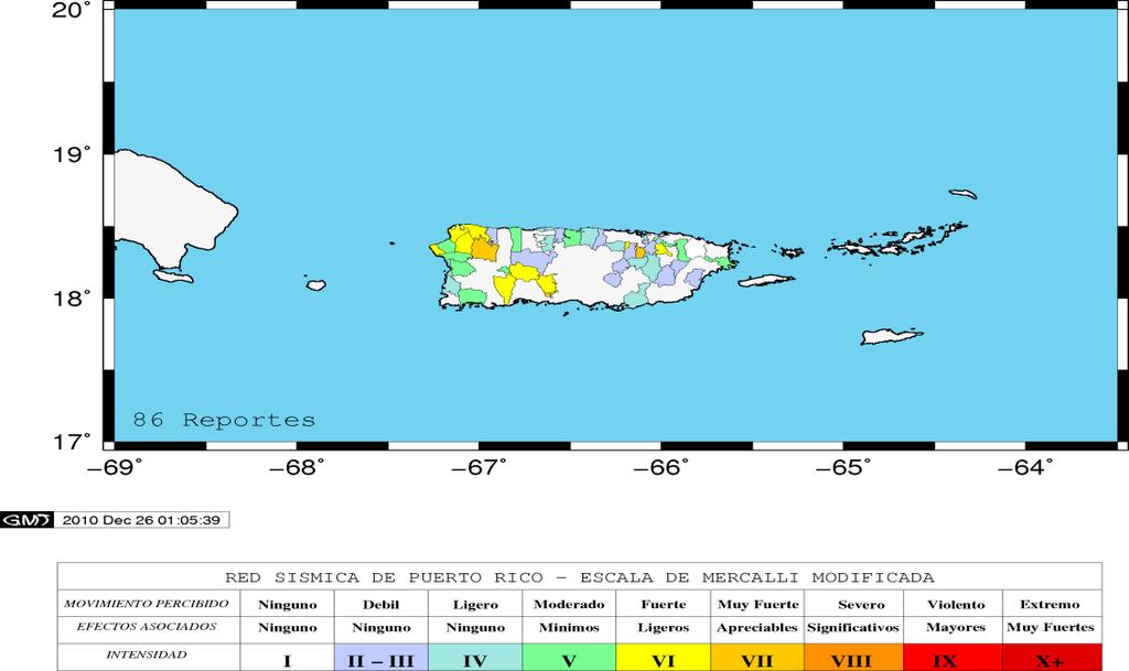 RED SÍSMICA DE PUERTO RICO Sismos Sen tidos 2010 Durante el 2010 se reportaron 68 temblores como sentidos (Figura 4, Tabla 1).