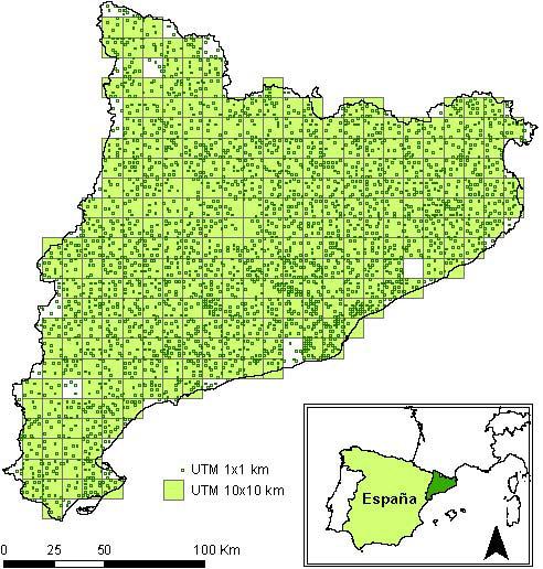 Figura 1. Localización del área de estudio (Cataluña, España) y representación de las diferentes unidades de estudio según la escala espacial considerada, 1x1 km y 10x10 km.