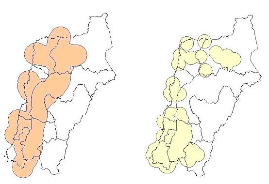 centro poblados, lo que genera una cobertura poligonal de áreas con accesibilidad a la mano de obra de acuerdo a la Figura 2b.
