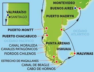 América del Sur desde Santiago (Valparaíso) 14 días paso por los canales patagónicos, los fiordos chilenos y el Estrecho de Magallanes.