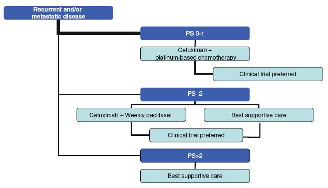 Guías SEOM CONCLUSIÓN Cetuximab + platinum + 5-FU recomendado como tratamiento estándar en pacientes con PS 0 1 Cetuximab + paclitaxel semanal como 1ª opción
