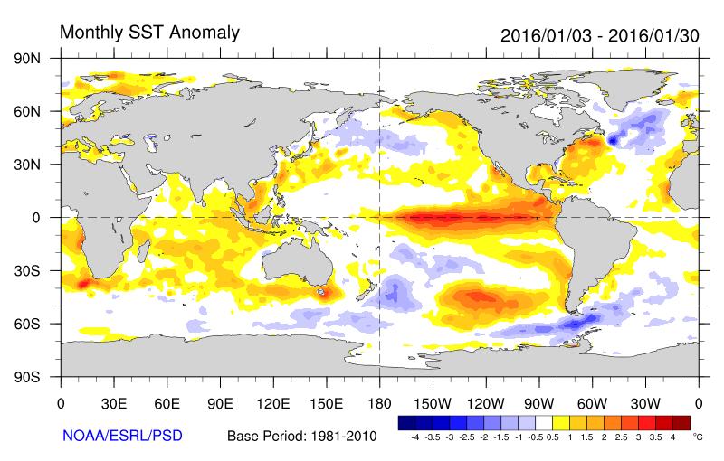 Figura 1a: Anomalías de la Temperatura superficial del mar Diciembre de 2015 Figura1b: Anomalías de la Temperatura superficial del mar Enero de 2016 2- TENDENCIAS DE PRECIPITACIÓN PARA
