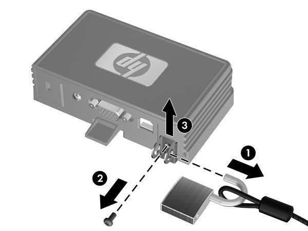 Extracción del HP MultiSeat Thin Client t150 del soporte de montaje Figura C-2 Extracción del clip de seguridad 1.