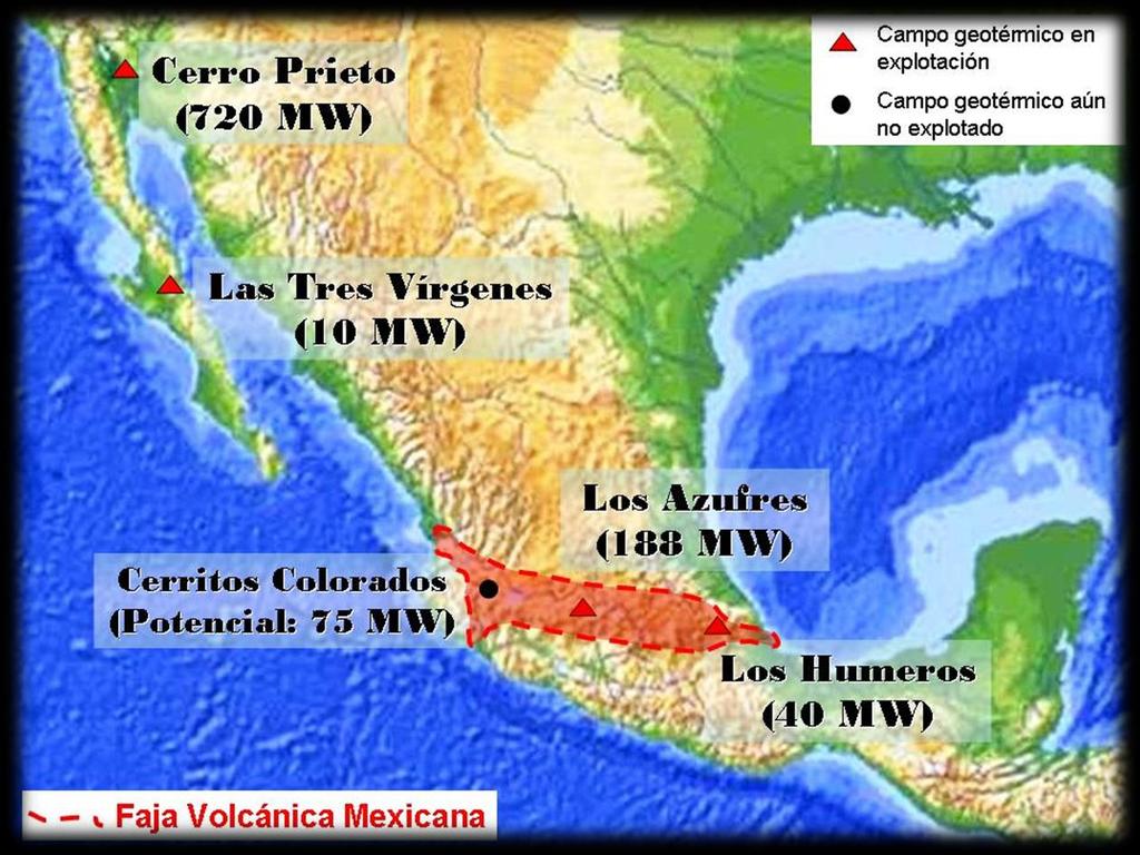 Campos geotérmicos Hay cinco campos geotérmicos identificados en México, cuatro de las cuales se encuentran bajo