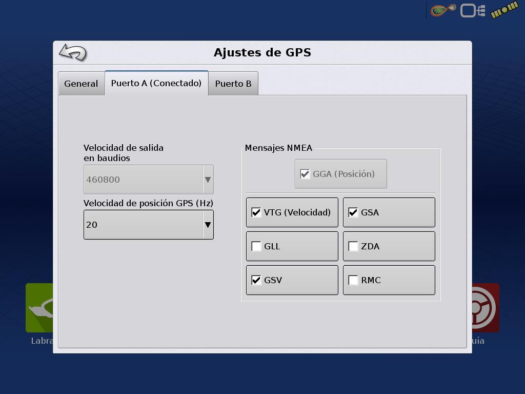 Mensaje NMEA Al seleccionar «Puerto A», se puede acceder a la configuración de mensajes NMEA y frecuencia.