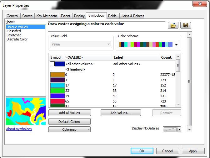 Opcionalmente, los valores sin datos (nubes, cuerpos de agua, entre otros) pueden visualizados asignando un color en la opción en la parte inferior derecha Display
