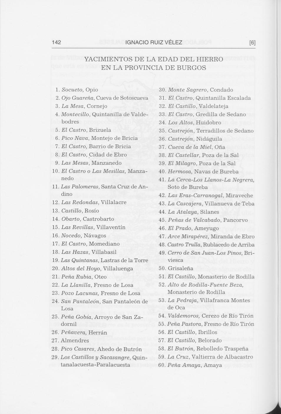 142 IGNACIO RUIZ VÉLEZ [6] YACIMIENTOS DE LA EDAD DEL HIERRO EN LA PROVINCIA DE BURGOS 1. Socueto, Opio 2. Ojo Guarefia, Cueva de Sotoscueva 3. La Mesa, Cornejo 4.