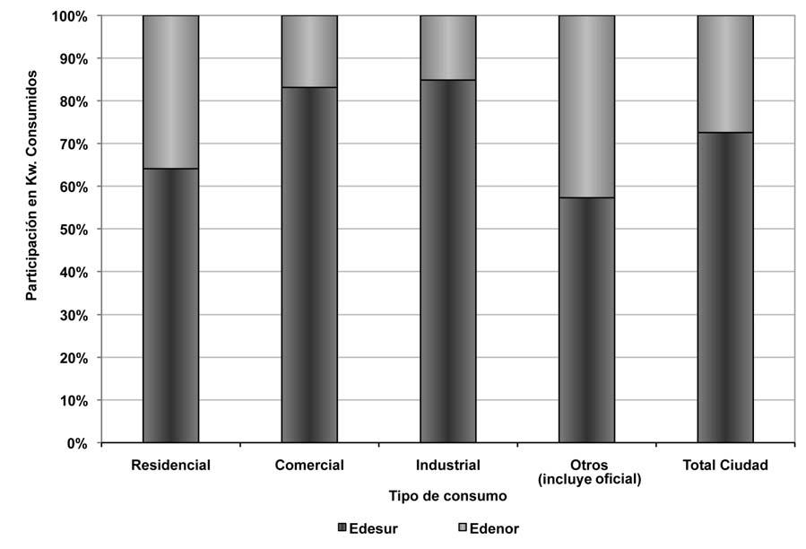 Para los consumos de tipo otros la participación es más pareja, pese a que persiste la primacía de Edesur (57%).