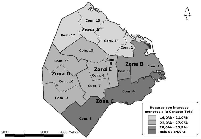 CT, en tanto que 22,4% de los hogares residentes en el centro (zona E) no cubre dicha canasta.