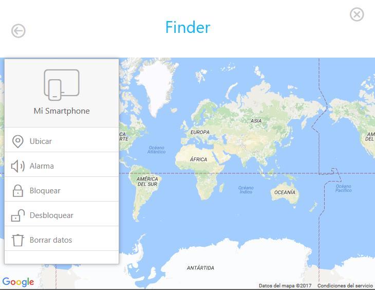 4. Al seleccionar la opción Finder se desplegará una pantalla en la cual usted debe seleccionar las acciones a realizar según sea el caso. Ubicar: Muestra la ubicación de su dispositivo en el mapa.
