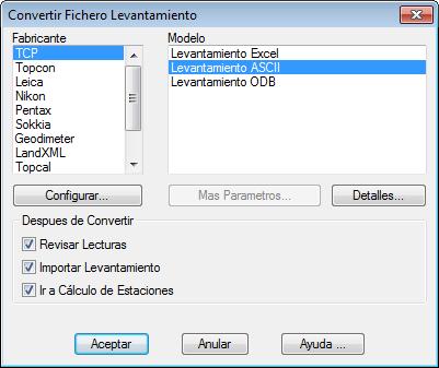 Conversión de Ficheros de Libreta El primer paso consiste en convertir el fichero procedente de la estación total o libreta electrónica que hemos usado para el levantamiento.