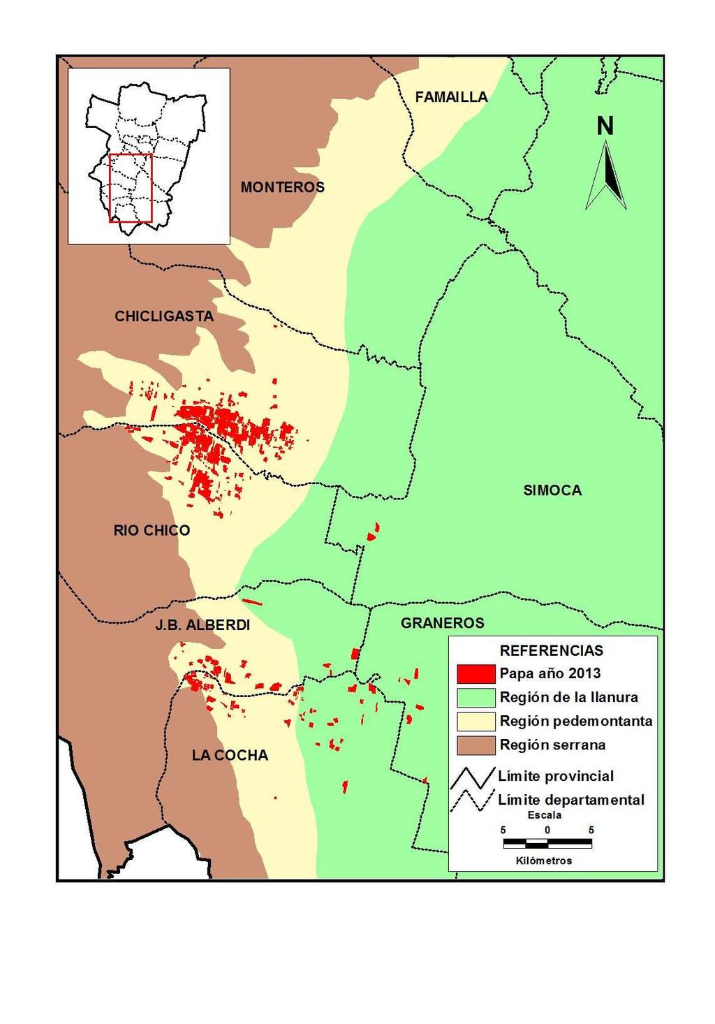 Figura 15. Distribución espacial de la superficie cultivada con papa en el pedemonte y llanura. Tucumán, campaña 2013.