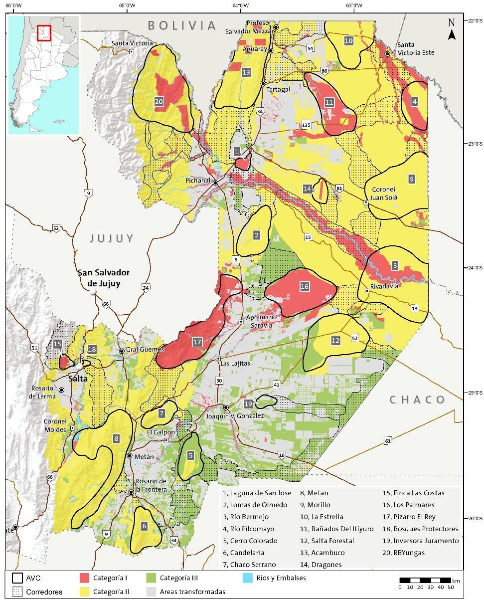 Mapa 6. Áreas definidas como de valor de conservación y zonas de corredores ecológicos para la Provincia de Salta.