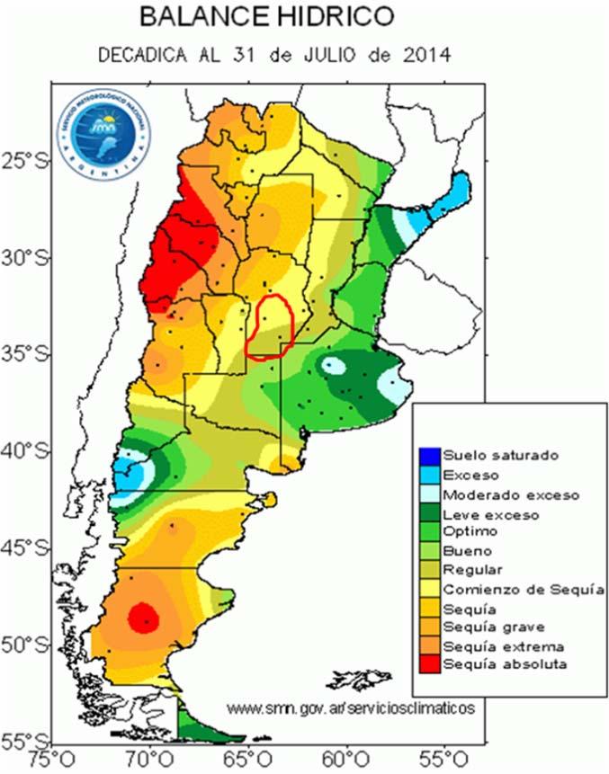 BALANCE HÍDRICO Mapa 2, Distribución del Balance Hídrico en Argentina (SMN), Línea roja: Región Manisera.