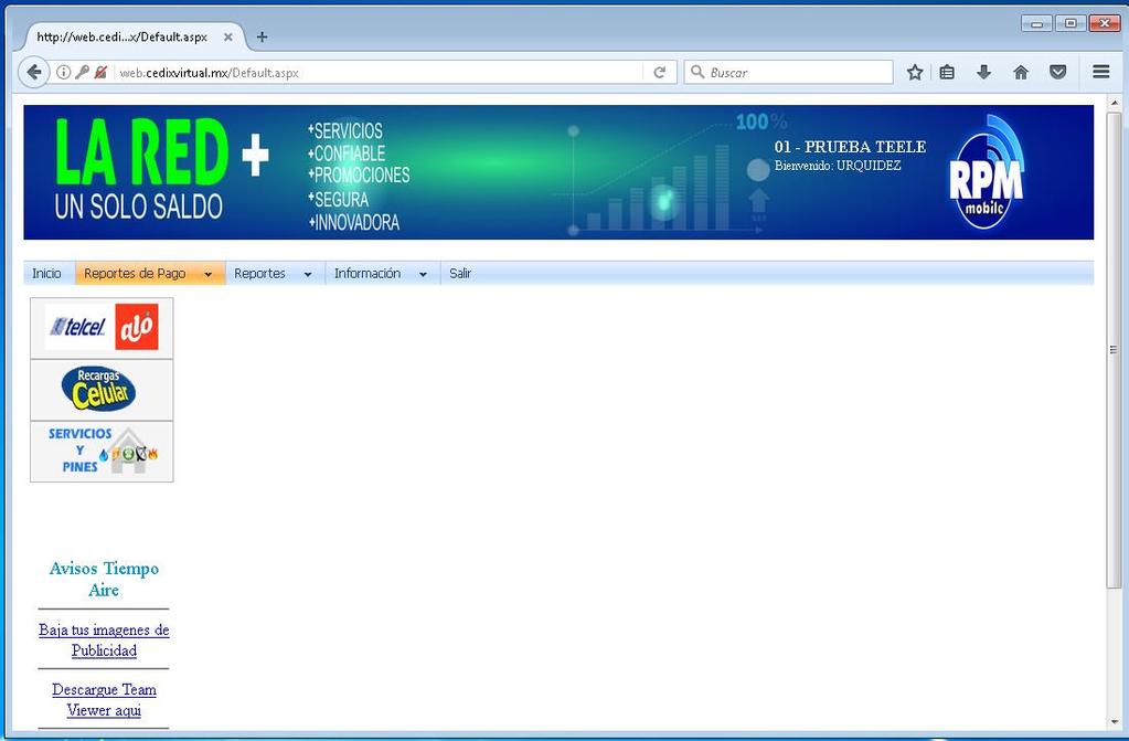Una vez abierto CEDIX Virtual Web de LA RED+ Acceso a Menú principal, iconos de cada Proveedor: Recargas, Pagos de Servicios y Pines